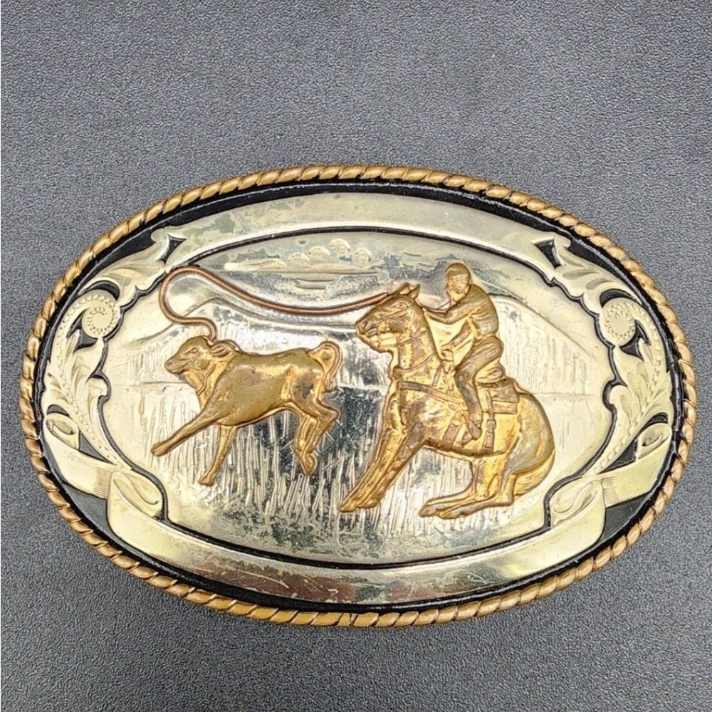 Comstock Silvermiths Gold Cowboy Roping Belt Buckle Western Rodeo German Silver
